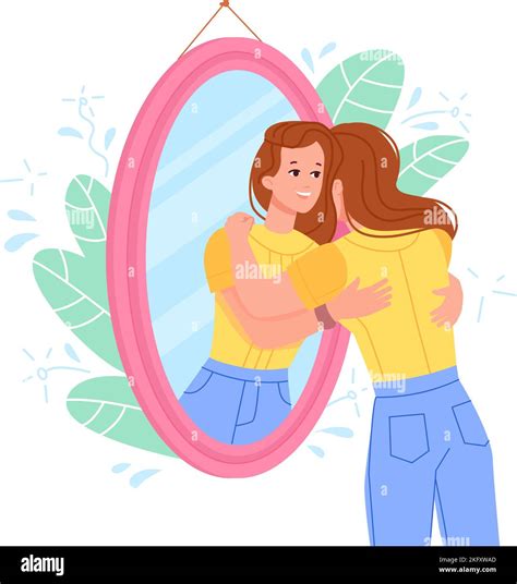 Hug Self In Mirror Woman Model Hugging Own Reflection Esteem Accept