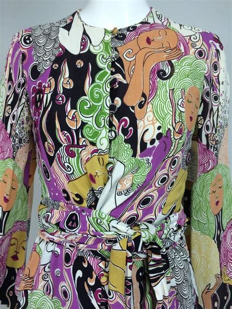 Art Nouveau Style Womens Faces Crepe Print Wrap Waist Dress 1970s At 1stdibs