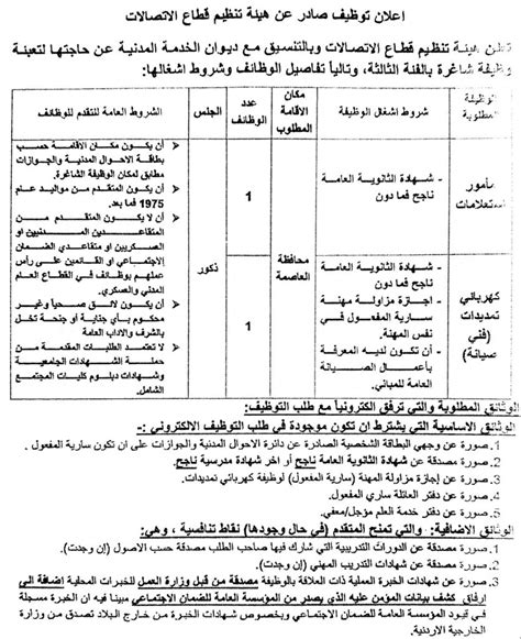 وظائف شاغرة صادرعن هيئة تنظيم قطاع الإتصالات للفئة الثالثة سِجلات