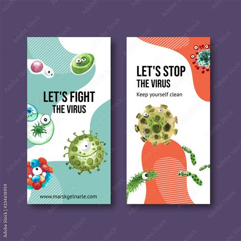 Flyer Design With Cartoon Virus Watercolor Painting Of Bacteria