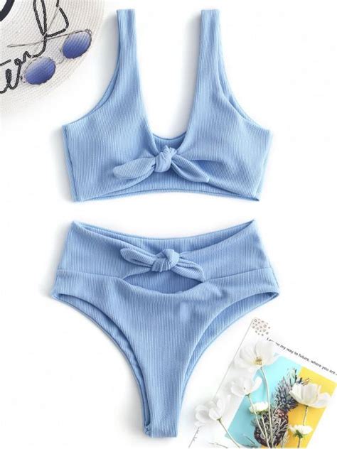 [36 Off] 2021 Zaful Ribbed Tied High Leg Bikini Set In Day Sky Blue