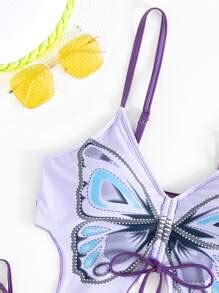 Butterfly Print Tankini Set Asymmetrical Shaped Drawstring Cami Top Tie Side Bikini Bottom 2