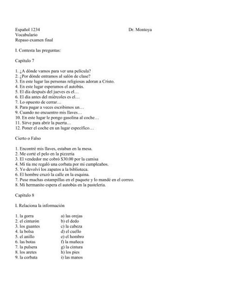 Espa Ol Dr Montoya Vocabulario Repaso Examen Final I