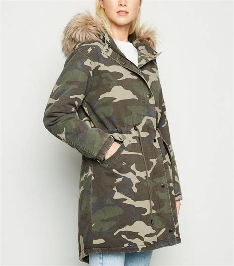 Womens Green Camo Faux Fur Trim Hooded Parka Aa Sourcing Ltd