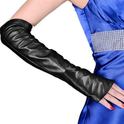 Women Genuine Goatskin Leather Gloves Long Opera Lady Leather Gloves