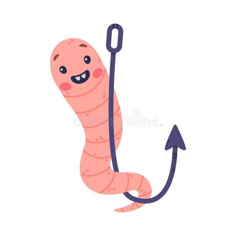 Funny Pink Worm Character With Long Body Hanging On Hook Vector