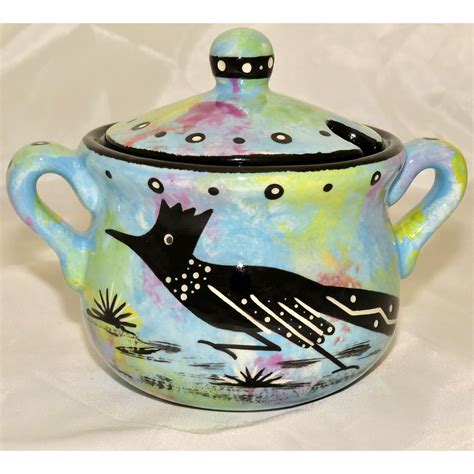 Honey Pot With Roadrunner On Turquoise Blue MANA POTTERY