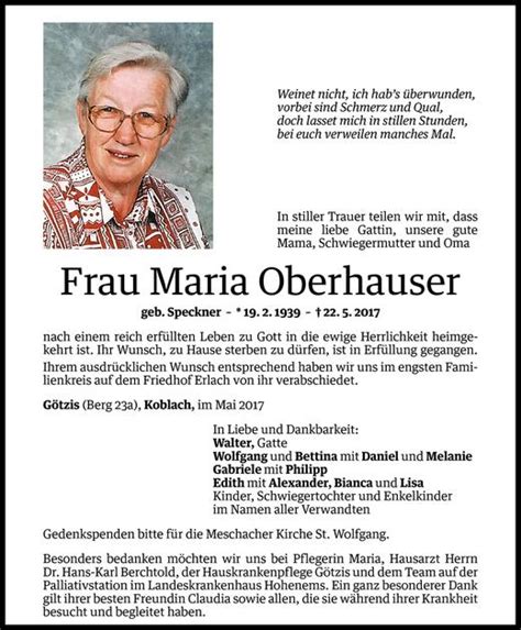 Todesanzeigen Von Maria Oberhauser Todesanzeigen Vorarlberger Nachrichten