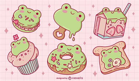 Cute Frog Snacks Set Design Vector Download