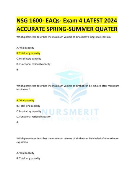 NSG 1600 EAQs Exam 4 LATEST 2024 ACCURATE SPRING SUMMER QUATER