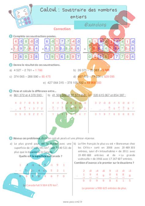 Soustraire Des Nombres Entiers Exercices De Calcul Pour Le Cm2 PDF