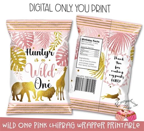 Digital Download Pink And Gold Wild One Birthday Theme Chipbag Chip Bag Wrapper Labels Printable