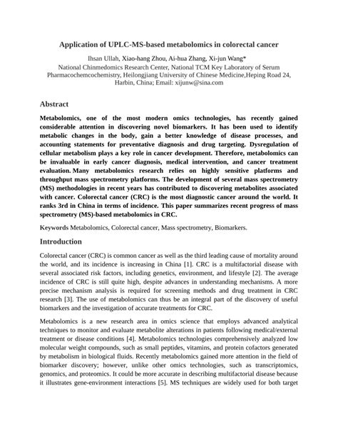 Pdf Application Of Uplc Ms Based Metabolomics In Colorectal Cancer