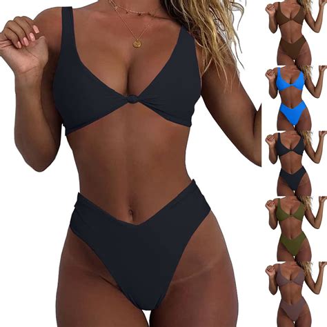 Miluxas Bikini Set For Women Clearance Solid V Neck Knot Front