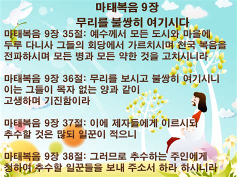 목자 없는 양마태복음 9장 36절 무리를 보시고 불쌍히 여기시니 이는 그들이 목자 없는 양과 같이 고생하며 기진함이라 티칭