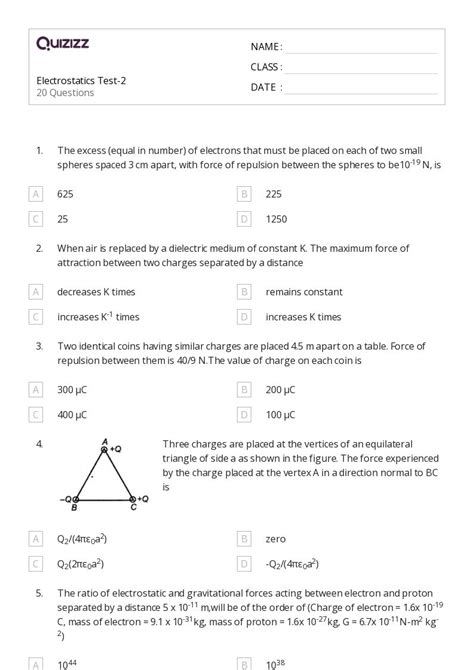 Electric Charge Field And Potential Worksheets For Th Class On