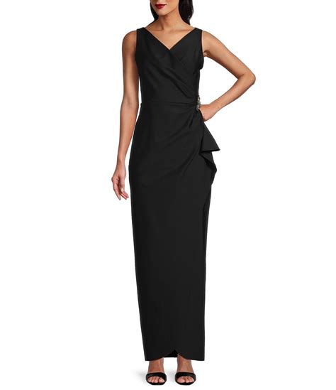 Alex Evenings Sleeveless Surplice V Neck Beaded Detail Ruched Ruffled Sheath Gown Dillards