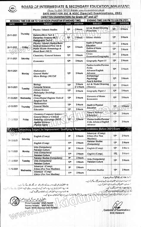 BISE Malakand Board 11th Class Date Sheet 2025