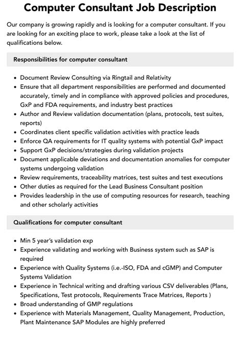 Computer Consultant Job Description Velvet Jobs