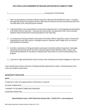 Fillable Online YOGA CLASS AGREEMENT OF RELEASE AND WAIVER OF LIABILITY