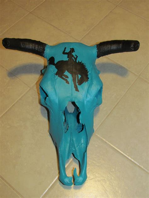 Turquoise Cow Skull With Black Bronc My Cow Skulls For Sale