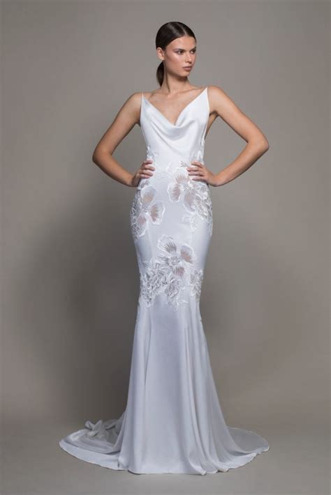 Spaghetti Strap Crepe Sheath Wedding Dress With Floral Applique And