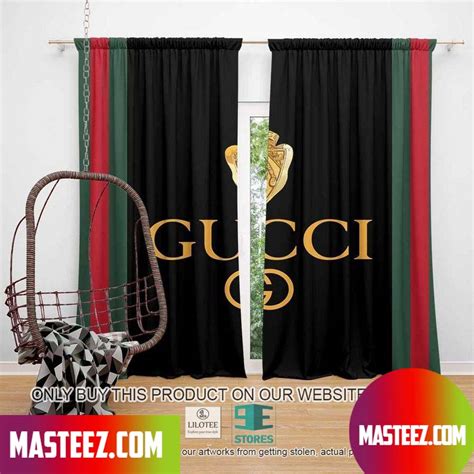 Gucci Gold Logo Red Green Line Pattern Black Windown Curtain Masteez