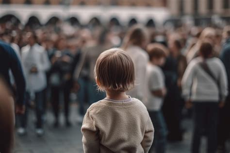 Achteraanzicht Van Een Eenzaam Kind In Een Menigte Van Mensen