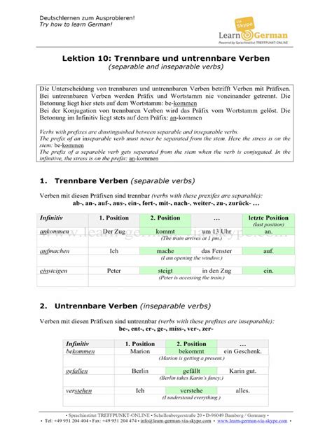 A1 Extra Übung Für Trennbare Und Untrennbare Verben Pdf