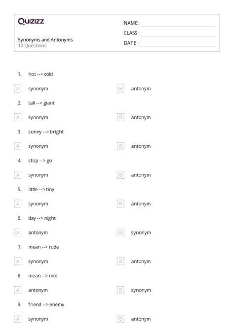 50 Synonyms And Antonyms Worksheets For 2nd Grade On Quizizz Free