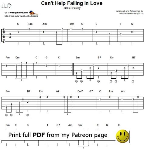 Cant Help Falling In Love By Elvis Presley Easy Version Printable Pdf Tabsheet