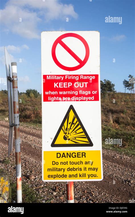 Warning Signs On A Military Firing Range At Ash Ranges Surrey Stock