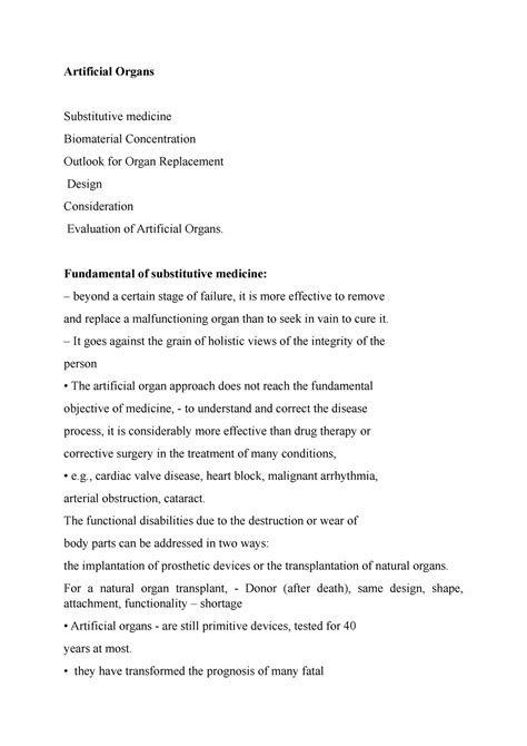 Artificial Organs Fundamental Of Substitutive Medicine Artificial