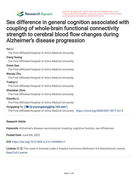 Pdf Sex Difference In General Cognition Associated With Coupling Of Whole Brain Functional