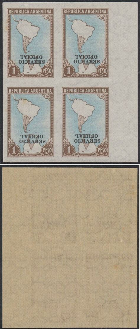 Argentina 1935 52 MAP Sc O52 TOP Value Imperf Blockx4 Inverted Ovpt MNH