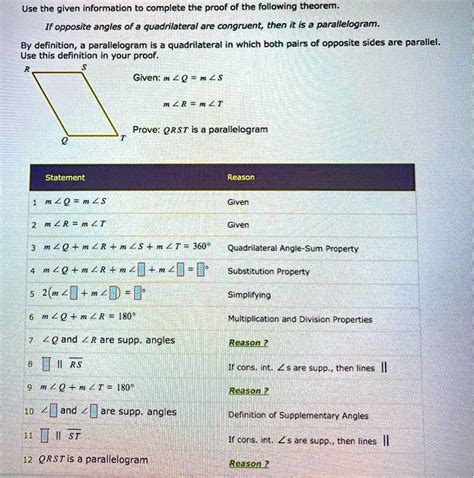 Solved Use The Given Information To Complete The Proof Of The