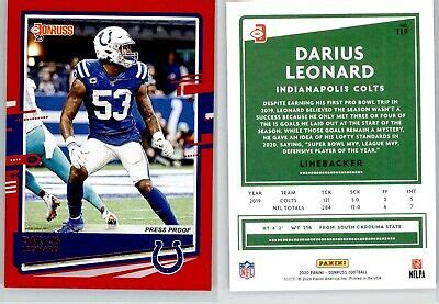 Darius Leonard 2020 Panini Donruss Press Proof Red Variation 119 Colts