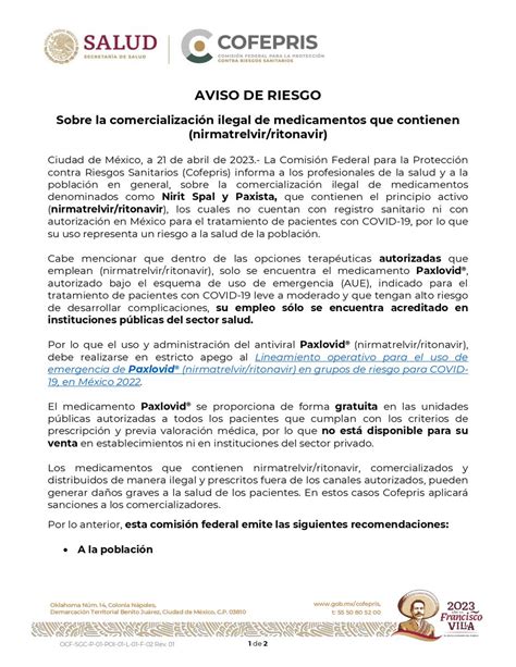 Secretar A De Salud On Twitter Avisoderiesgo La Cofepris Informa