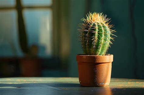 Premium Photo Small Cactus In Pot On Table