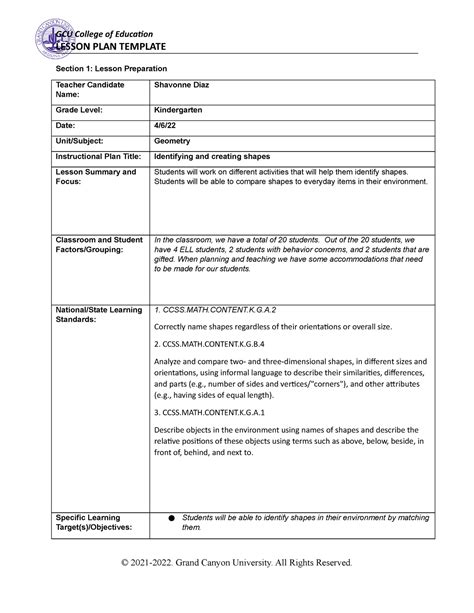 Ece Lesson Plan Ece Gcu Studocu