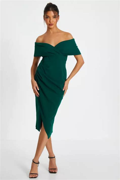 Bottle Green Bardot Ruched Wrap Midi Dress Quiz Clothing