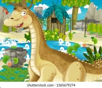 Cartoon Scene Dinosaur Diplodocus Apatosaurus Jungle Stock Illustration