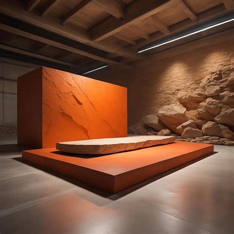 Premium Ai Image A Wooden Platform In A Room With A Stone Wall And A