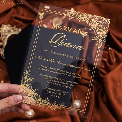 Luxury gold floral border acrylic quinceañera invitations CXV007