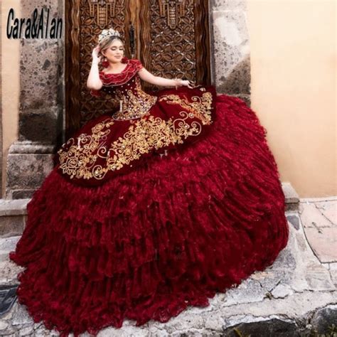 Luxury Lace Burgundy Quinceanera Dresses Embroidery Velvet Charro