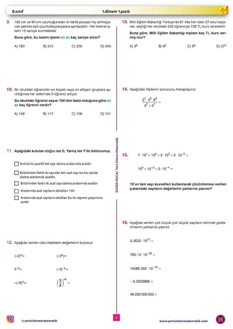 8 Sınıf Matematik 1 Dönem 1 Yazılı Pdf Çözüm Videosu Yeni Sistem