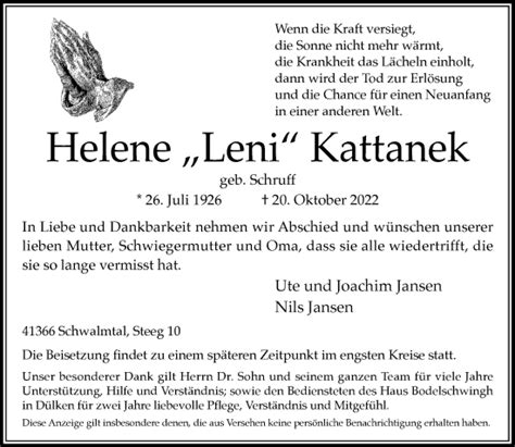 Alle Traueranzeigen für Helene Kattanek trauer rp online de