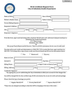 Fillable Online Birth Certificate Request Form City Of Ashtabula Health