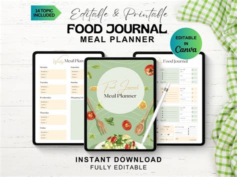 Meal Planner Printable Weekly Food Diary Editable Meal Tracker Food