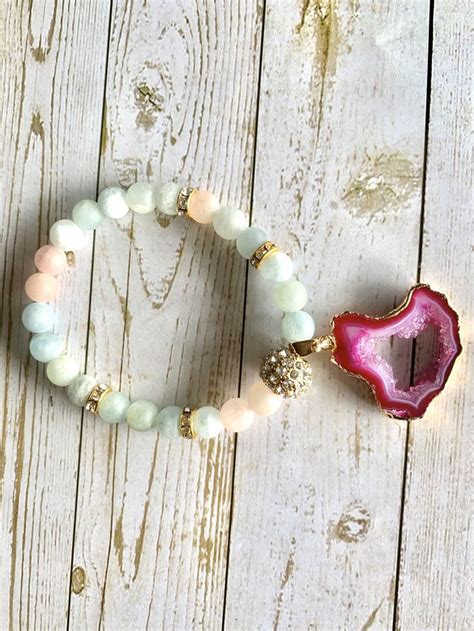 Amazonite Bead Bracelet Pink Agate Charm Bracelet Etsy Amazonite